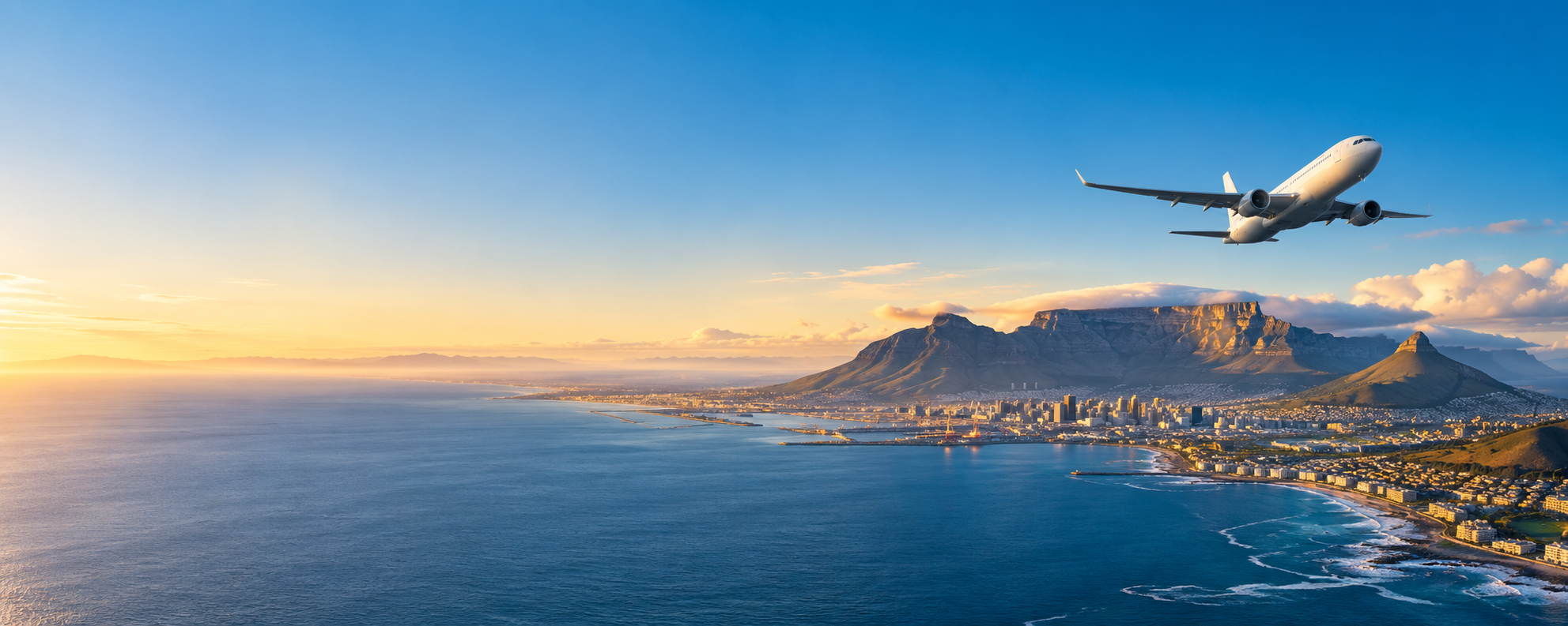 Aeroplane approaching Cape Town and Table Mountain